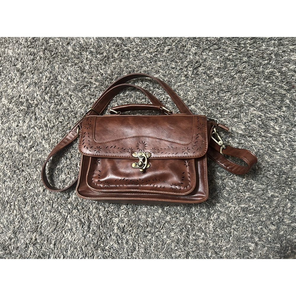 Ecosusi Vintage Brown Leather Crossbody Satchel Bag Floral Tooled Boho Purse - Picture 2 of 6